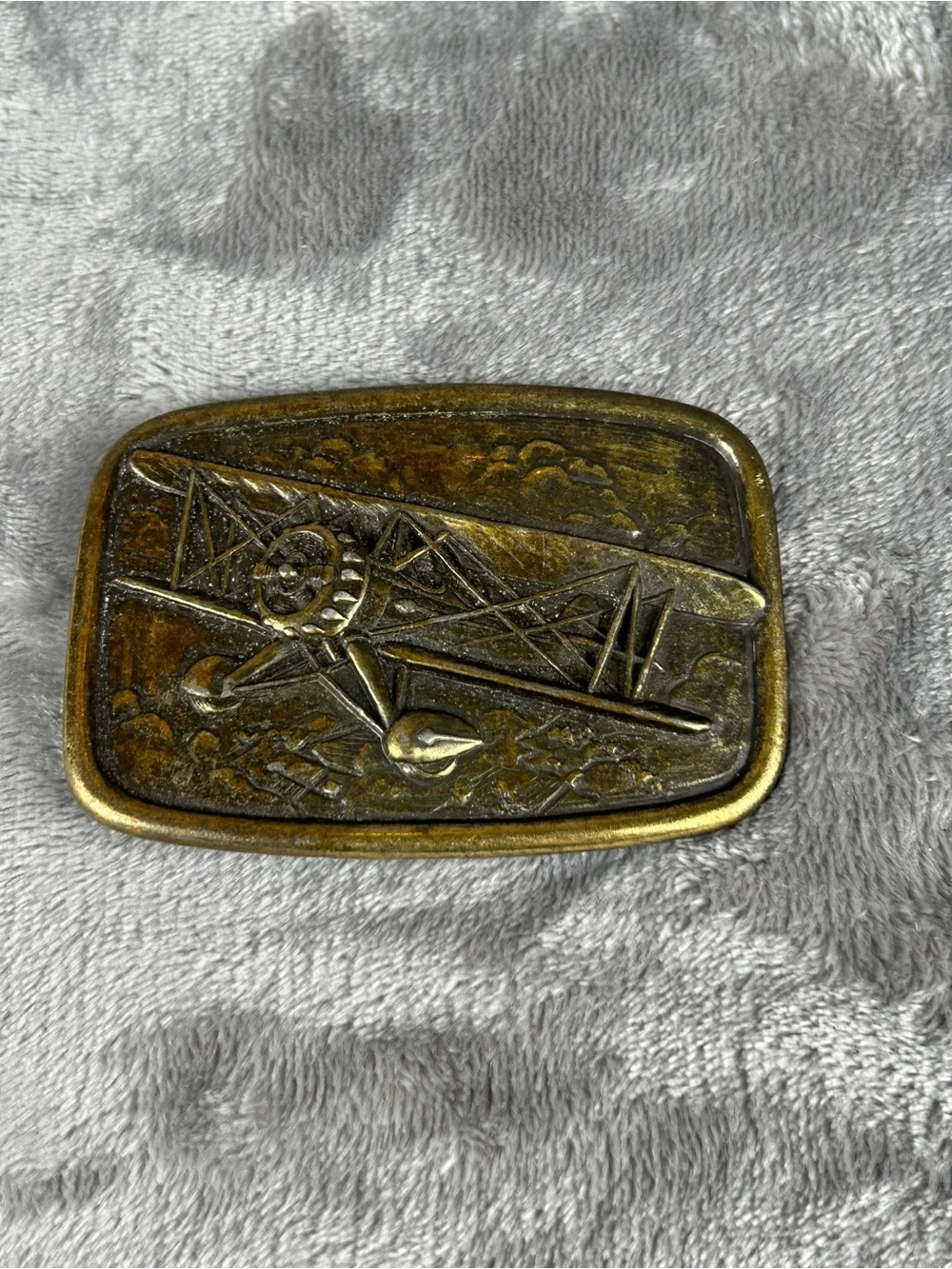 Vintage Brass ? Belt Buckle BiPlane Airplane By Avon Patina Retro 70s‎